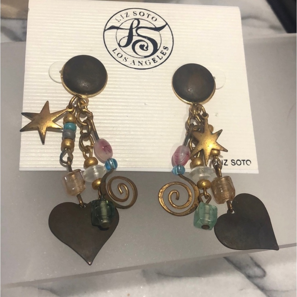 Vintage 80s Antiqued Gold Charm & Frosted Pastel Bead Earrings-Boutique